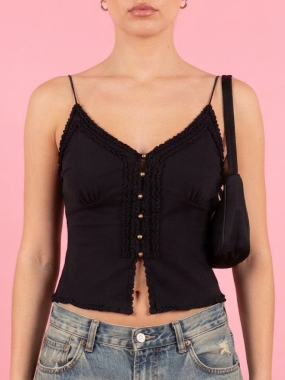 MXM Black Lace-Trim Button-Front Tank Top